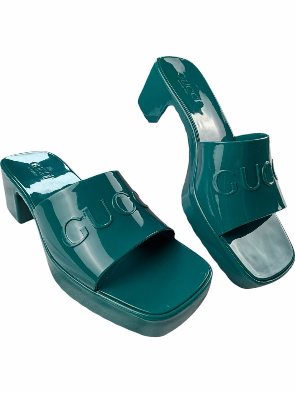 Authentic Gucci Logo Embossed Rubber Block Heel Slide Sandal Turquoise Size 35